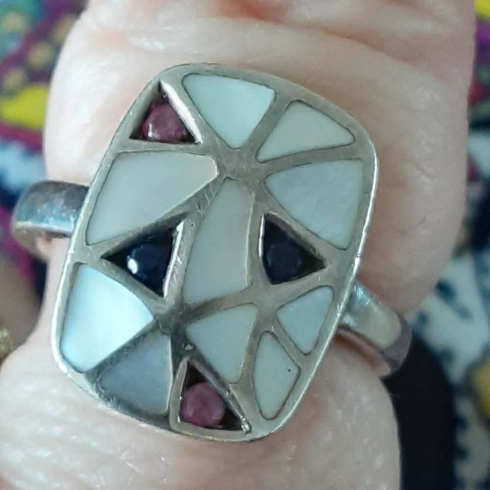 Silver Mosaic Mother of Pearl & Sapphire Ring